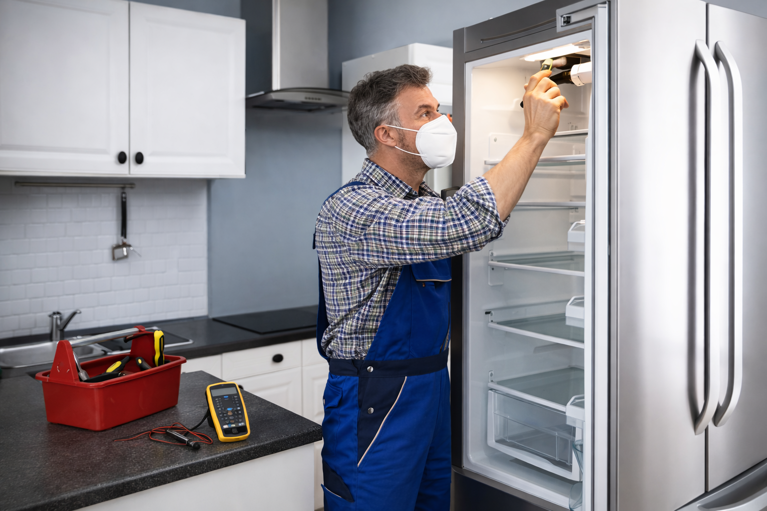 Technician performing a refrigerator diagnostic