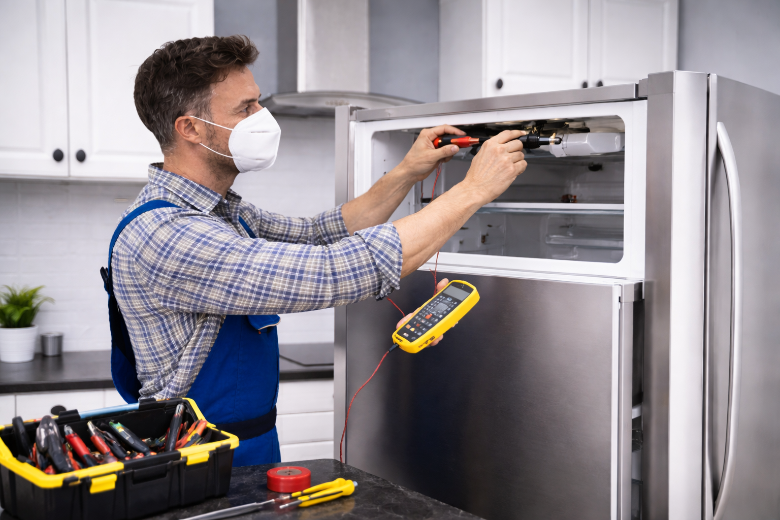 Refrigerator repair technician working
